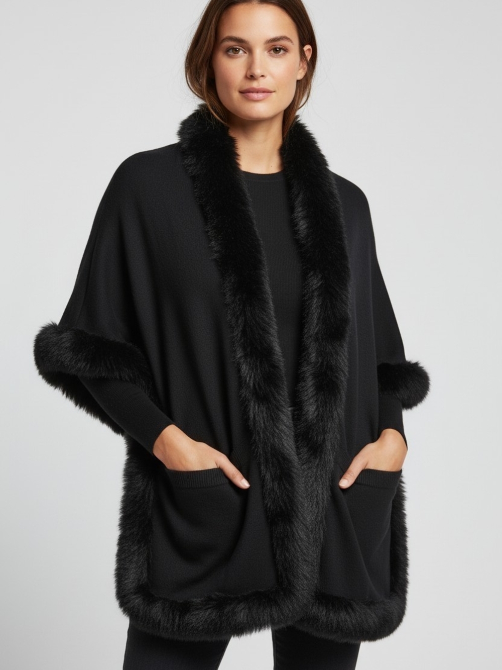 La Fiorentina Black Faux-Fur Trim Open Wrap Scarf With Pockets